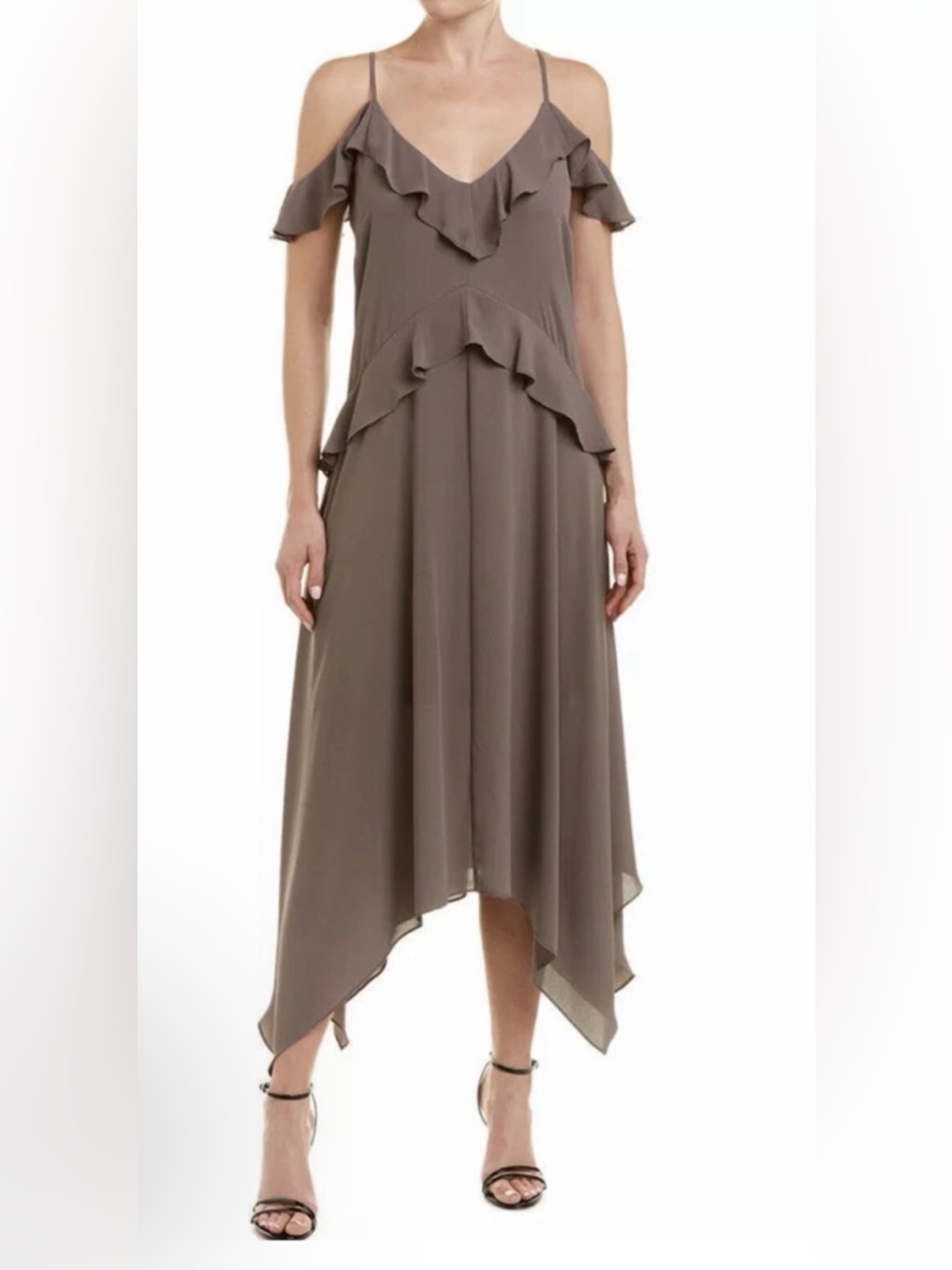 BCBGMaxazria Ruffle Off the Shoulder Cocktail Formal Party Dress Light Brown S